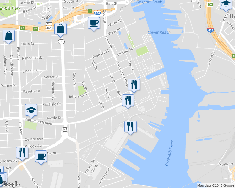 map of restaurants, bars, coffee shops, grocery stores, and more near 1024 5th St in Portsmouth