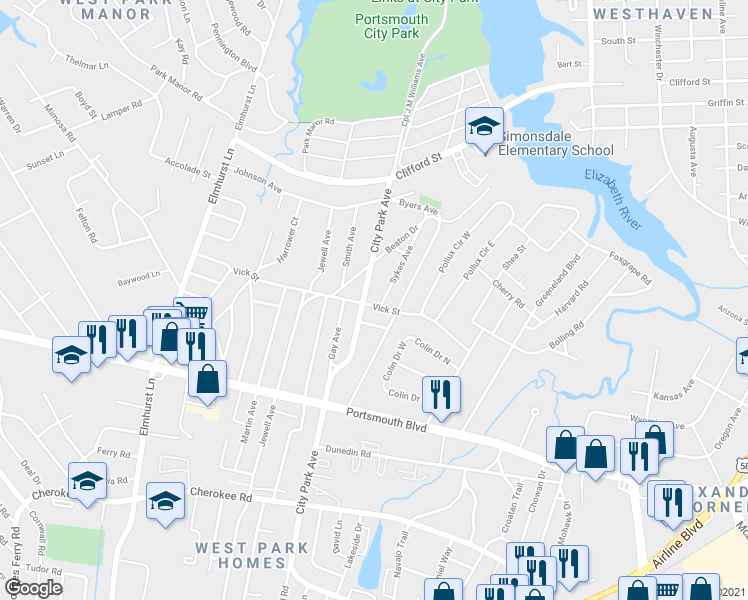map of restaurants, bars, coffee shops, grocery stores, and more near 5006 Vick Street in Portsmouth