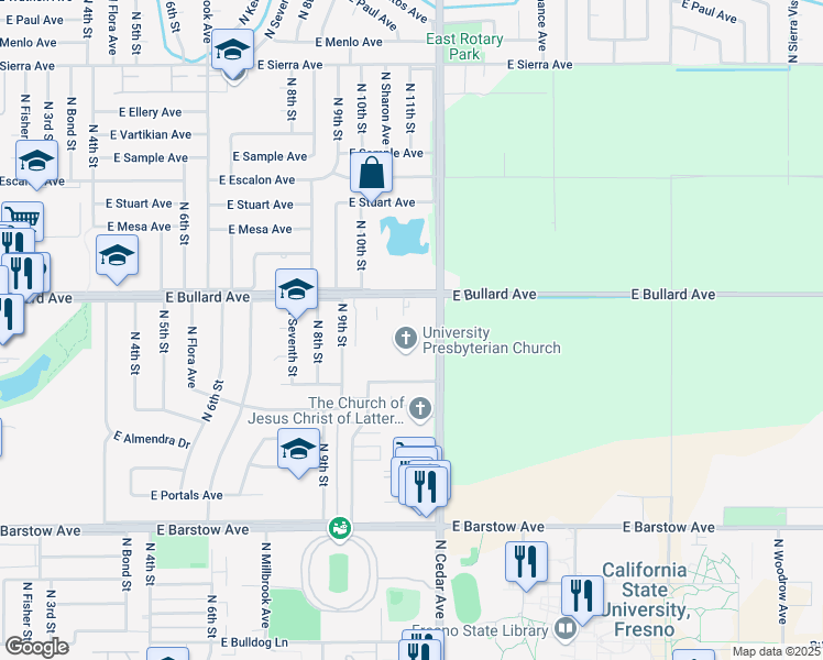 map of restaurants, bars, coffee shops, grocery stores, and more near 5739 North Cedar Avenue in Fresno