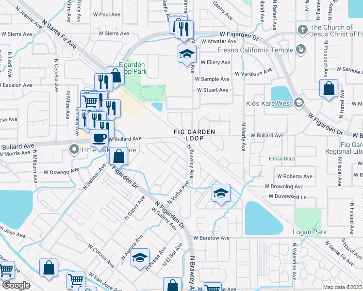 map of restaurants, bars, coffee shops, grocery stores, and more near 4072 W Pear Tree Ln in Fresno