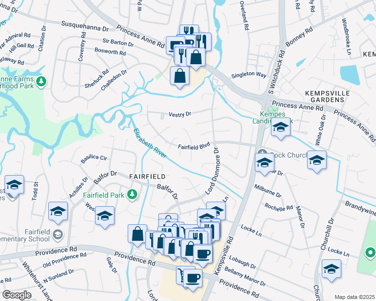 map of restaurants, bars, coffee shops, grocery stores, and more near 5261 Fairfield Boulevard in Virginia Beach