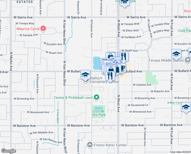 map of restaurants, bars, coffee shops, grocery stores, and more near 2158 West Rue Saint Michel in Fresno