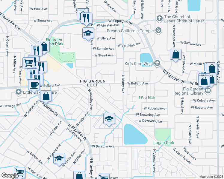 map of restaurants, bars, coffee shops, grocery stores, and more near 5787 North Marty Avenue in Fresno