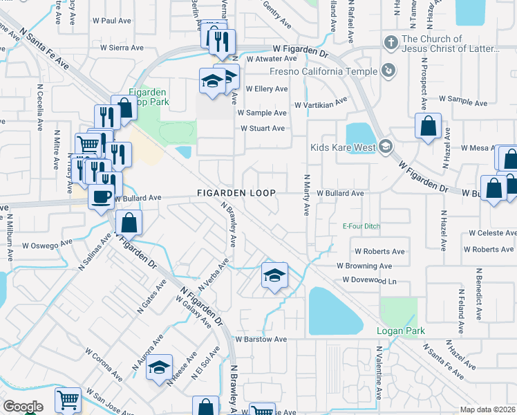 map of restaurants, bars, coffee shops, grocery stores, and more near 3703 West Bullard Avenue in Fresno