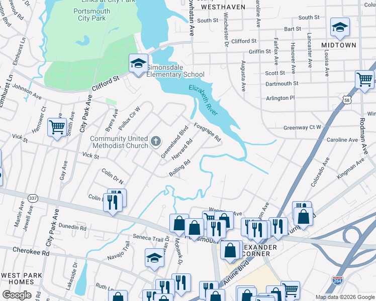 map of restaurants, bars, coffee shops, grocery stores, and more near 42 Harvard Road in Portsmouth