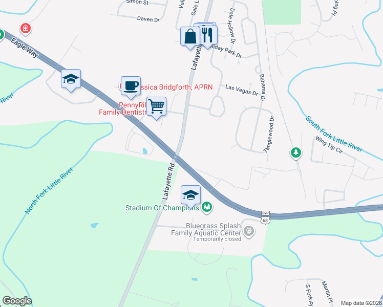 map of restaurants, bars, coffee shops, grocery stores, and more near 4155 Kentucky 107 in Hopkinsville