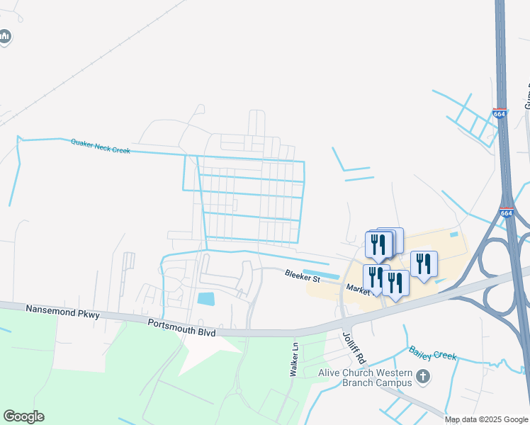 map of restaurants, bars, coffee shops, grocery stores, and more near 2219 Jolliff Landing Parkway in Chesapeake
