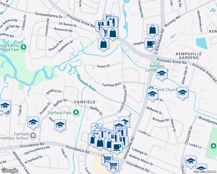 map of restaurants, bars, coffee shops, grocery stores, and more near 5261 Fairfield Boulevard in Virginia Beach