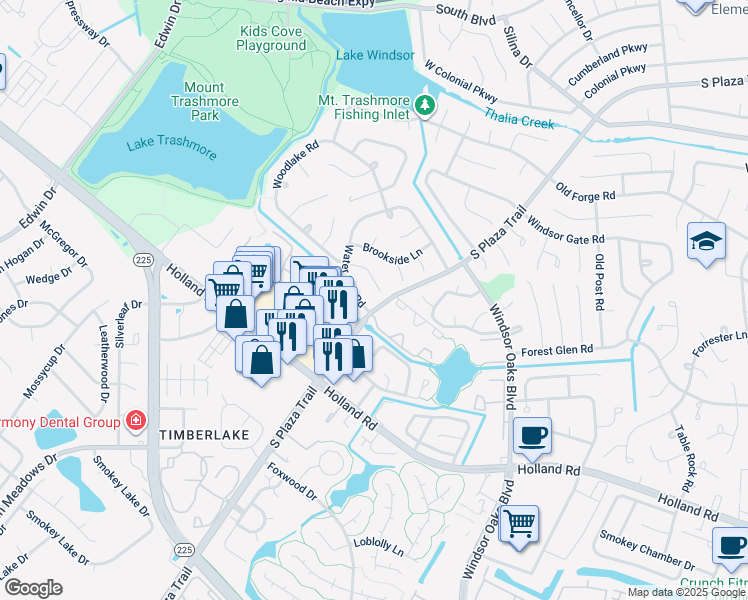 map of restaurants, bars, coffee shops, grocery stores, and more near 624 Woodlake Road in Virginia Beach