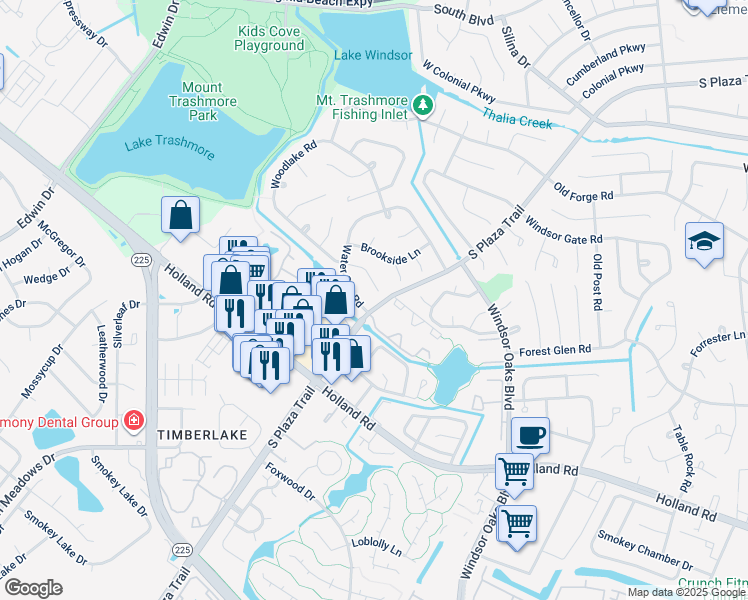 map of restaurants, bars, coffee shops, grocery stores, and more near 624 Woodlake Road in Virginia Beach