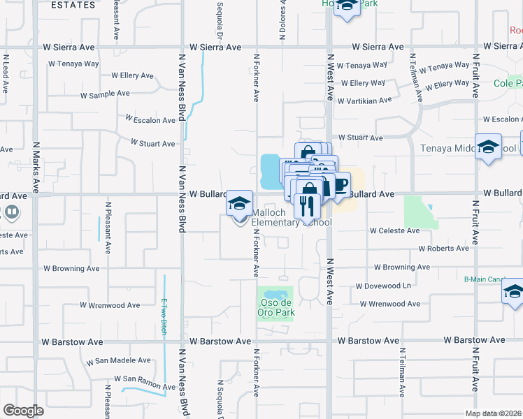 map of restaurants, bars, coffee shops, grocery stores, and more near 2158 West Rue Saint Michel in Fresno