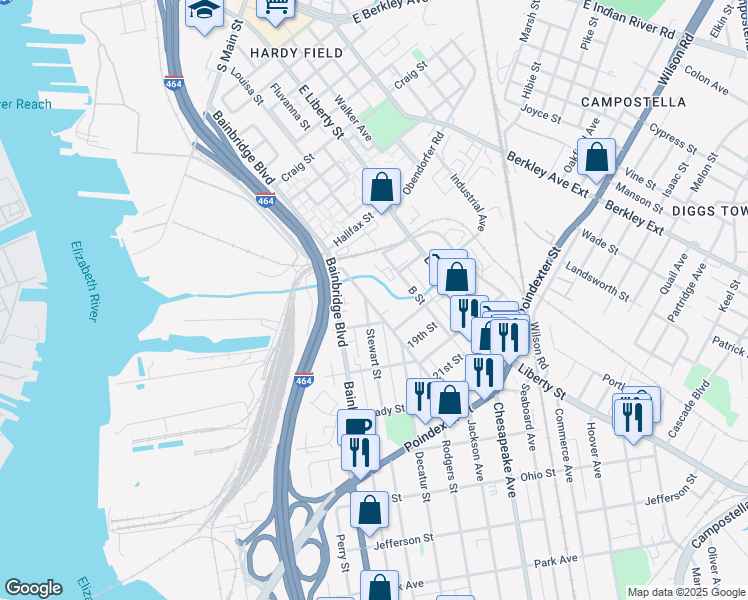 map of restaurants, bars, coffee shops, grocery stores, and more near 303 D Street in Chesapeake
