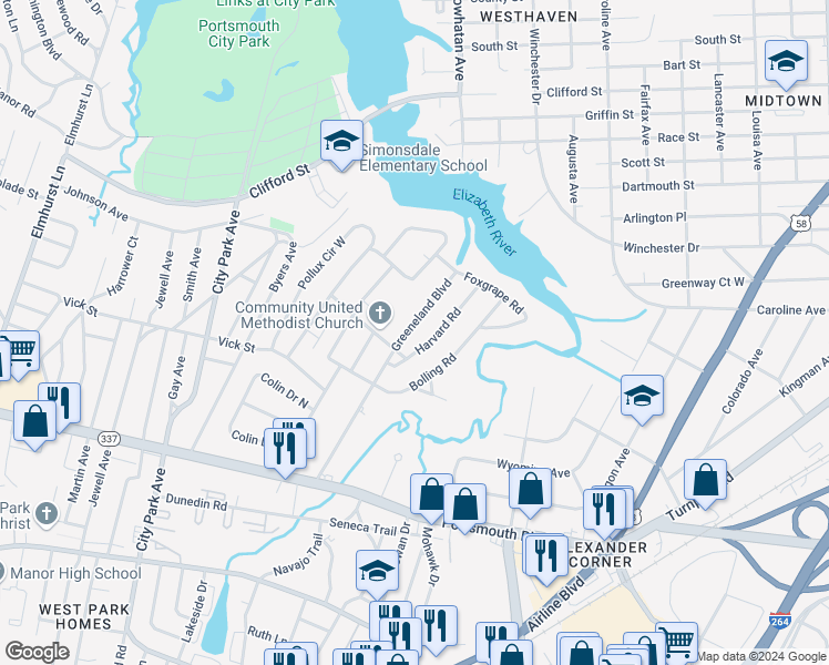 map of restaurants, bars, coffee shops, grocery stores, and more near 42 Greeneland Blvd in Portsmouth