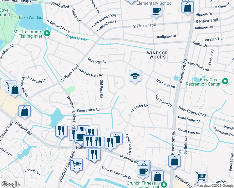 map of restaurants, bars, coffee shops, grocery stores, and more near 572 Windsor Gate Road in Virginia Beach