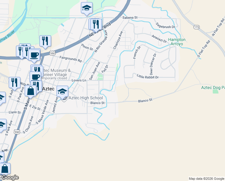 map of restaurants, bars, coffee shops, grocery stores, and more near 309 Clark Place in Aztec