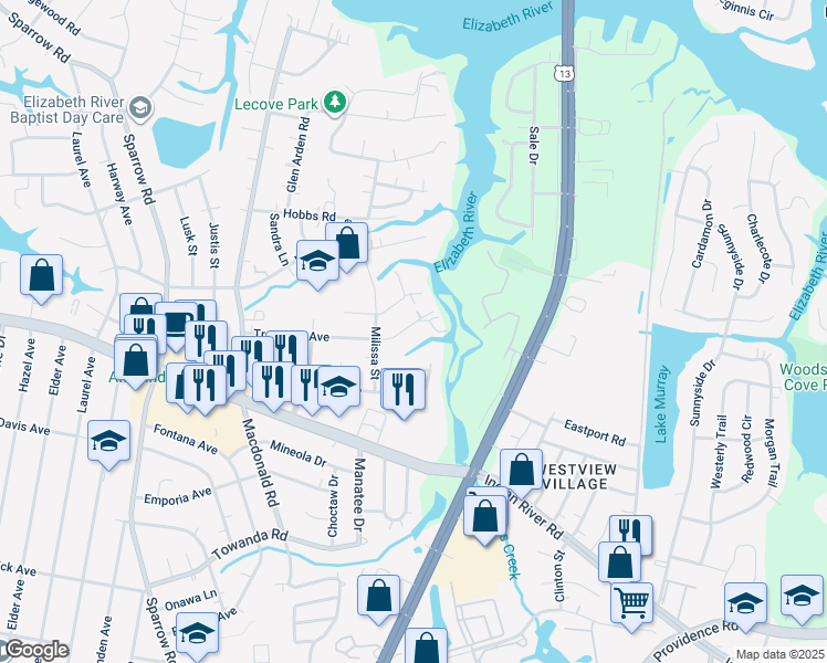 map of restaurants, bars, coffee shops, grocery stores, and more near 1121 Trestman Avenue in Virginia Beach