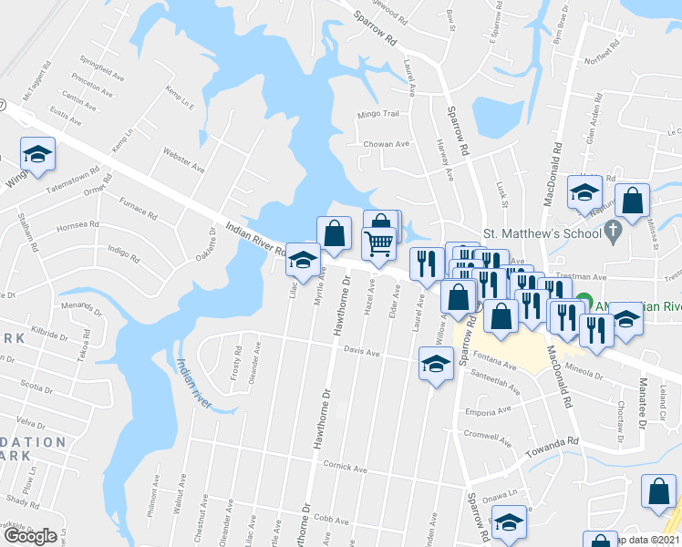 map of restaurants, bars, coffee shops, grocery stores, and more near 1105 Hawthorne Dr in Chesapeake