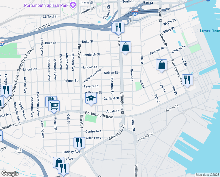 map of restaurants, bars, coffee shops, grocery stores, and more near 2210 Chestnut Street in Portsmouth