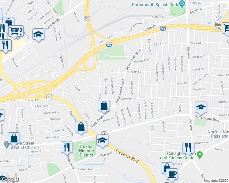 map of restaurants, bars, coffee shops, grocery stores, and more near 2115 Evergreen Place in Portsmouth