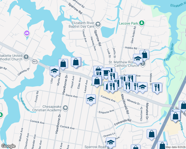 map of restaurants, bars, coffee shops, grocery stores, and more near 4200 Indian River Road in Chesapeake