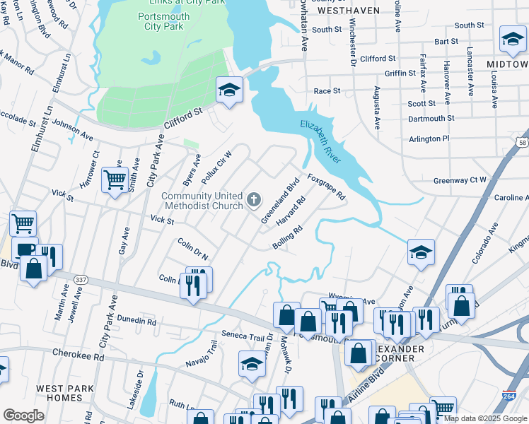 map of restaurants, bars, coffee shops, grocery stores, and more near 37 Greeneland Boulevard in Portsmouth