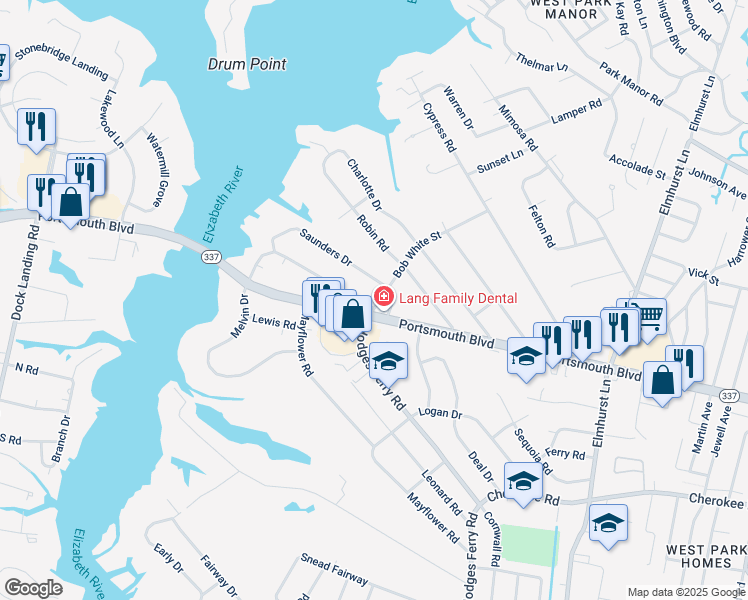 map of restaurants, bars, coffee shops, grocery stores, and more near 800 Melvin Drive in Portsmouth