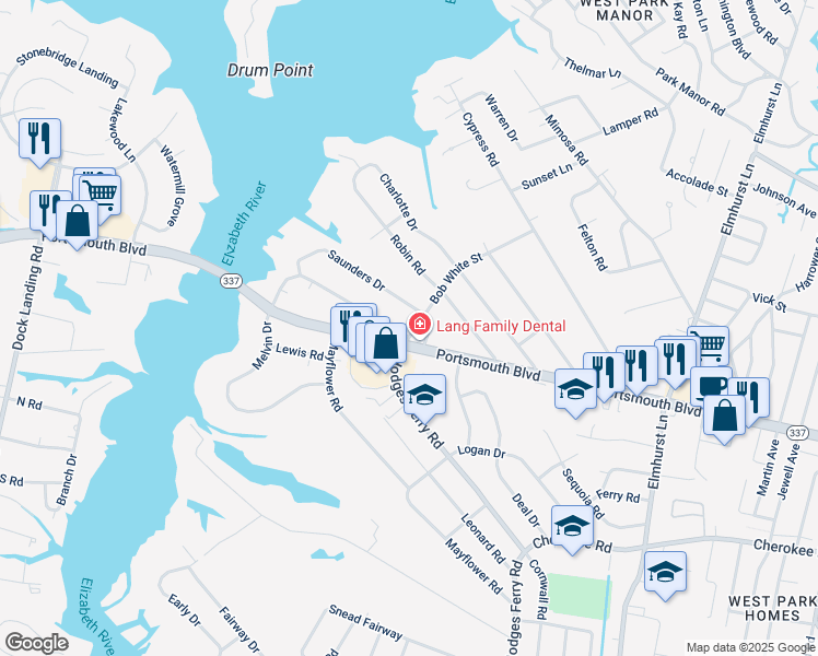 map of restaurants, bars, coffee shops, grocery stores, and more near 800 Melvin Drive in Portsmouth