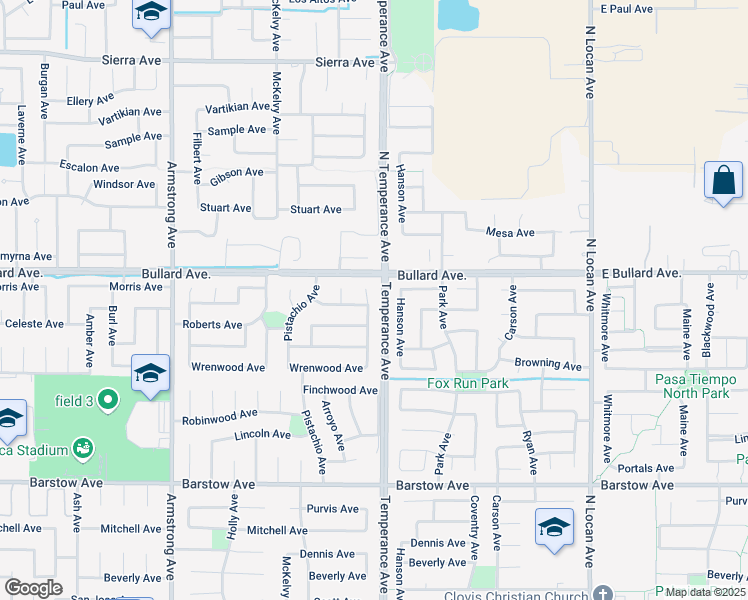 map of restaurants, bars, coffee shops, grocery stores, and more near 735 Carolina Avenue in Clovis