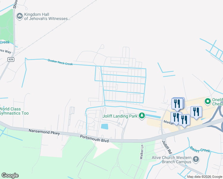 map of restaurants, bars, coffee shops, grocery stores, and more near 2144 Jolliff Road in Chesapeake