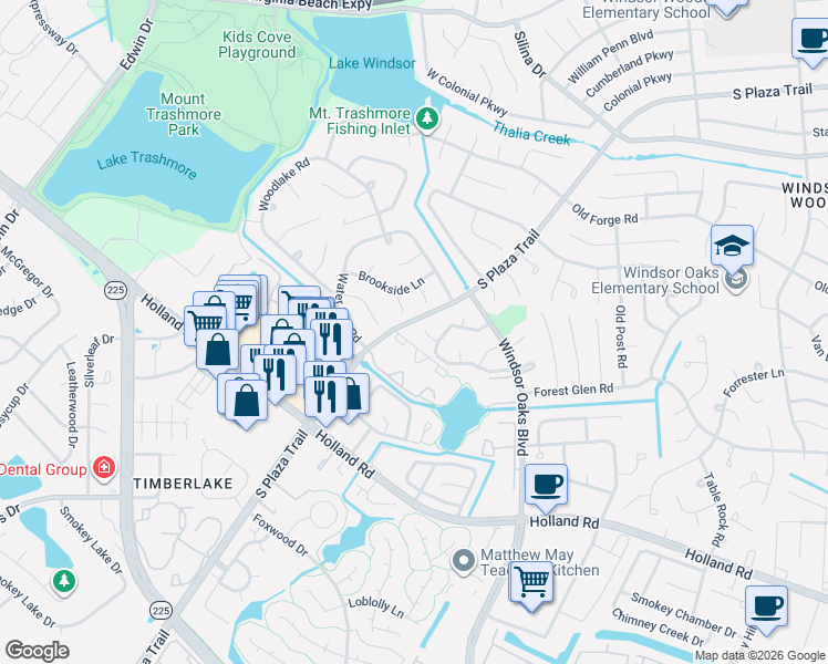 map of restaurants, bars, coffee shops, grocery stores, and more near 600 Lake Ridge Place in Virginia Beach