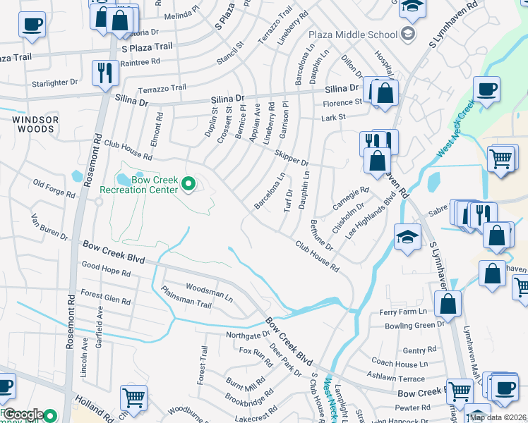 map of restaurants, bars, coffee shops, grocery stores, and more near 3309 Barcelona Court in Virginia Beach