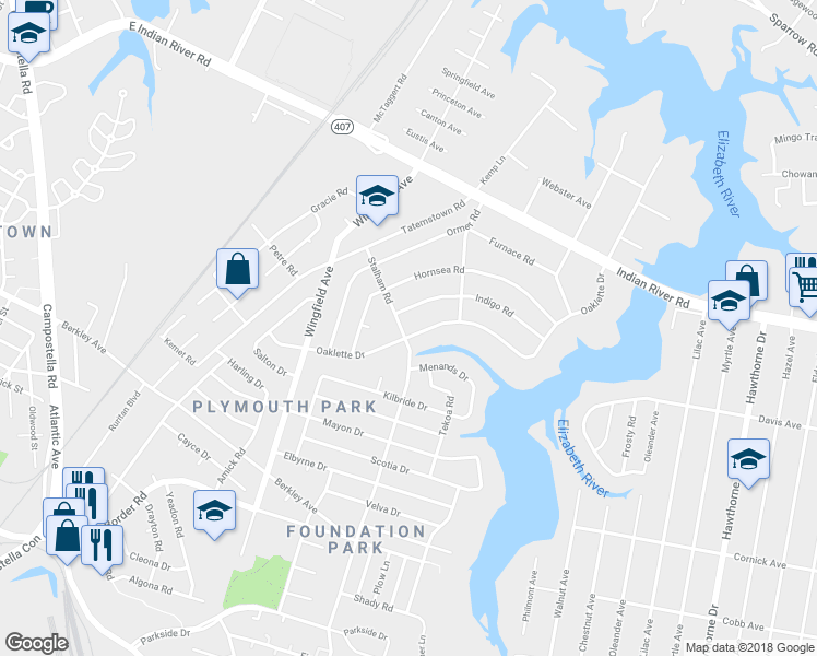 map of restaurants, bars, coffee shops, grocery stores, and more near 403 Stalham Road in Chesapeake