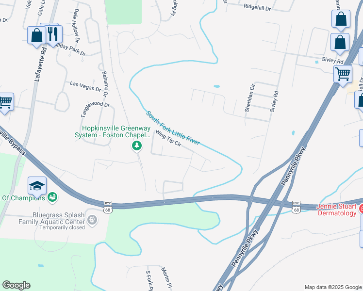 map of restaurants, bars, coffee shops, grocery stores, and more near Wing Tip Circle in Hopkinsville