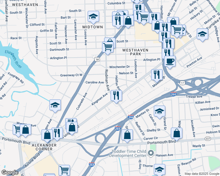 map of restaurants, bars, coffee shops, grocery stores, and more near 2108 Rodman Avenue in Portsmouth
