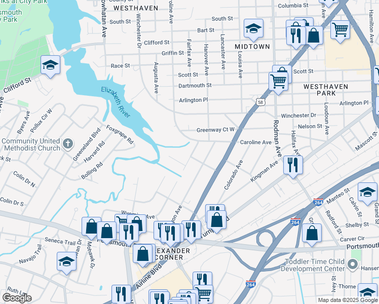 map of restaurants, bars, coffee shops, grocery stores, and more near 2020 Wyoming Avenue in Portsmouth