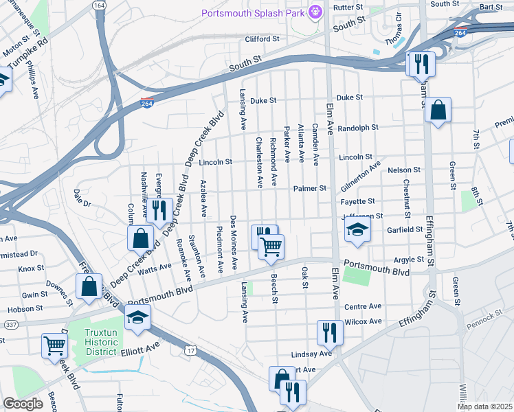 map of restaurants, bars, coffee shops, grocery stores, and more near 2118 Charleston Avenue in Portsmouth