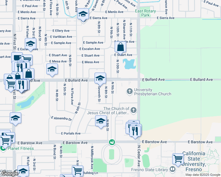 map of restaurants, bars, coffee shops, grocery stores, and more near 5736 North 8th Street in Fresno