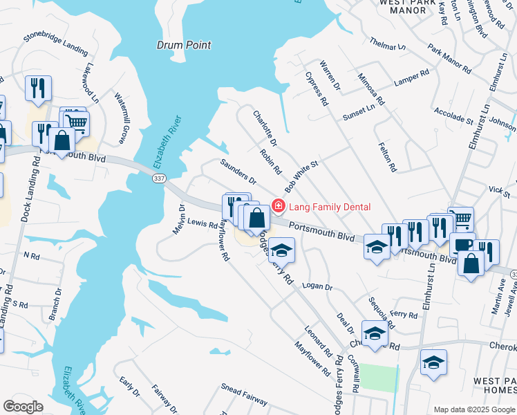 map of restaurants, bars, coffee shops, grocery stores, and more near 807 Melvin Drive in Portsmouth