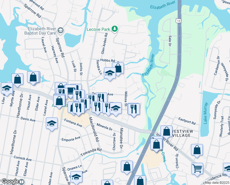 map of restaurants, bars, coffee shops, grocery stores, and more near 1008 Trestman Avenue in Virginia Beach