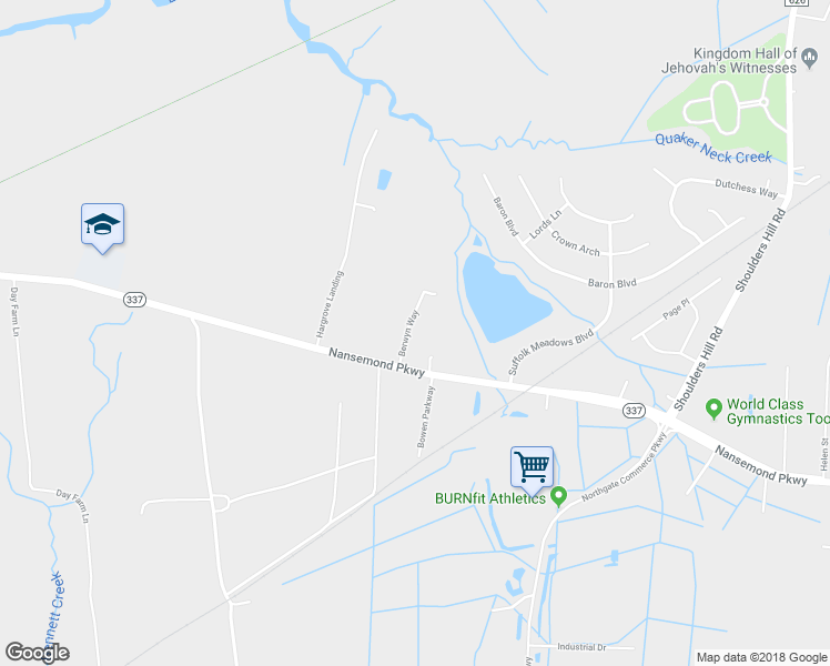 map of restaurants, bars, coffee shops, grocery stores, and more near 4112 Berwyn Way in Suffolk