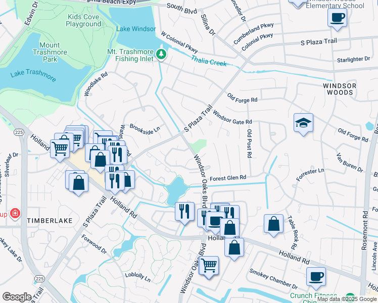 map of restaurants, bars, coffee shops, grocery stores, and more near 4066 Lake Ridge Circle in Virginia Beach