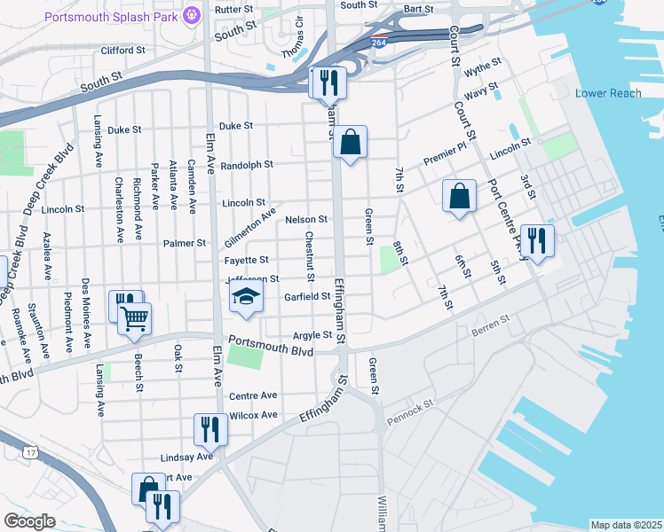 map of restaurants, bars, coffee shops, grocery stores, and more near 2200 Effingham St in Portsmouth