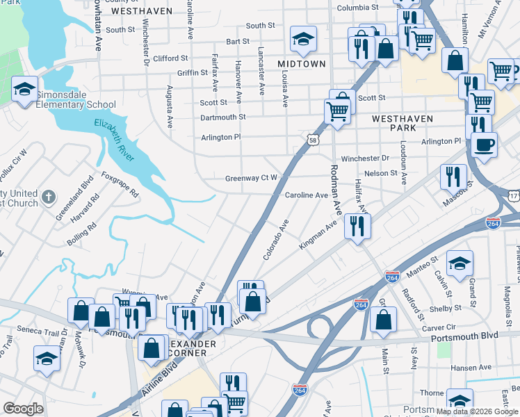 map of restaurants, bars, coffee shops, grocery stores, and more near 2010 Airline Boulevard in Portsmouth