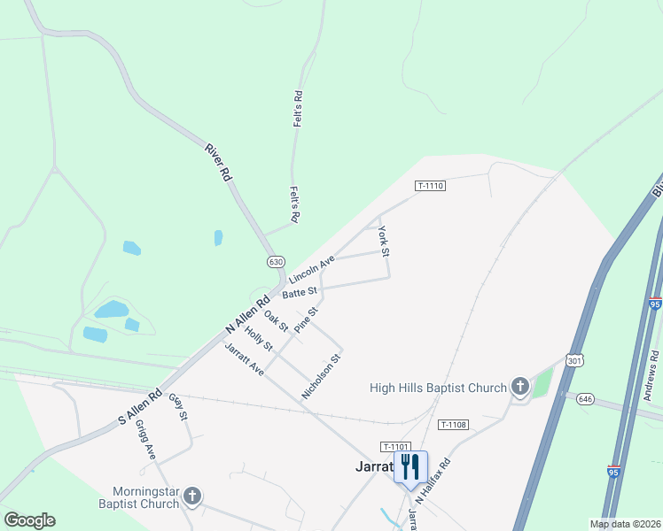 map of restaurants, bars, coffee shops, grocery stores, and more near 301 Lincoln Avenue in Jarratt