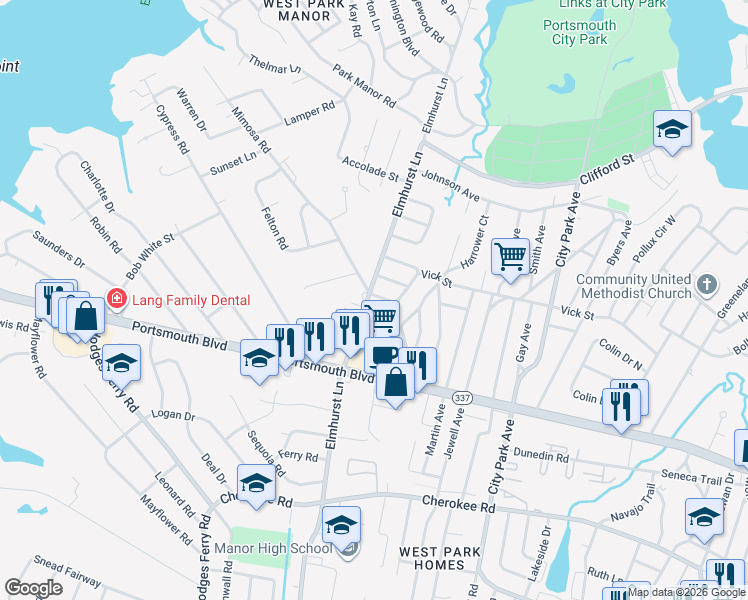 map of restaurants, bars, coffee shops, grocery stores, and more near 105 Mimosa Road in Portsmouth