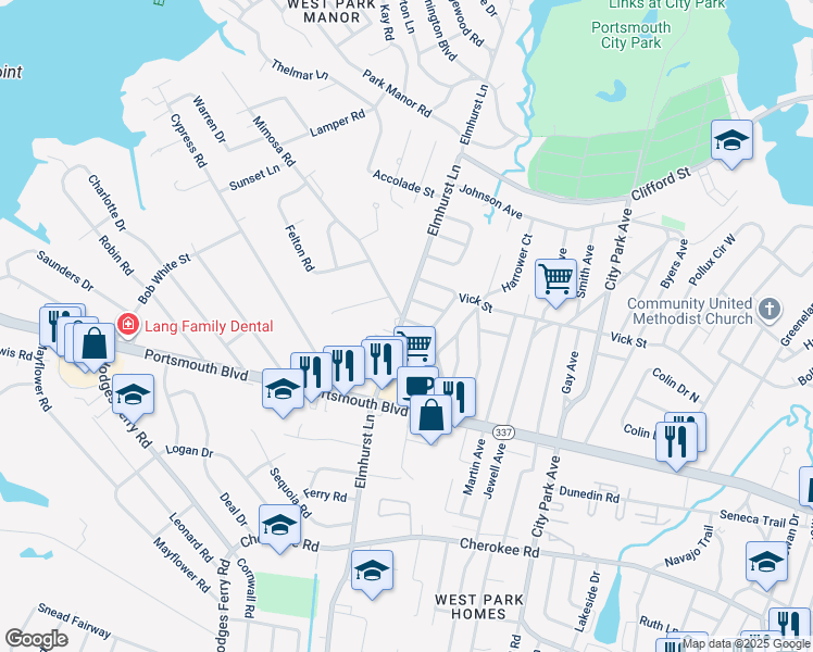 map of restaurants, bars, coffee shops, grocery stores, and more near 901 Elmhurst Lane in Portsmouth
