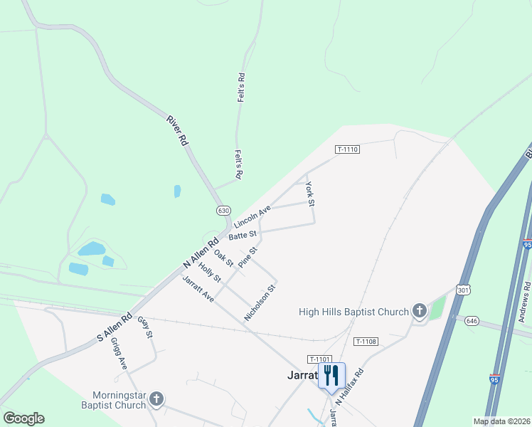 map of restaurants, bars, coffee shops, grocery stores, and more near 301 Lincoln Avenue in Jarratt