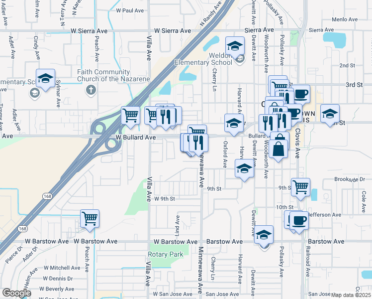 map of restaurants, bars, coffee shops, grocery stores, and more near 80 West Bullard Avenue in Clovis
