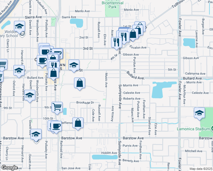 map of restaurants, bars, coffee shops, grocery stores, and more near 645 Music Avenue in Clovis