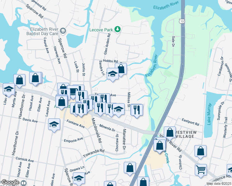 map of restaurants, bars, coffee shops, grocery stores, and more near 1008 Trestman Avenue in Virginia Beach